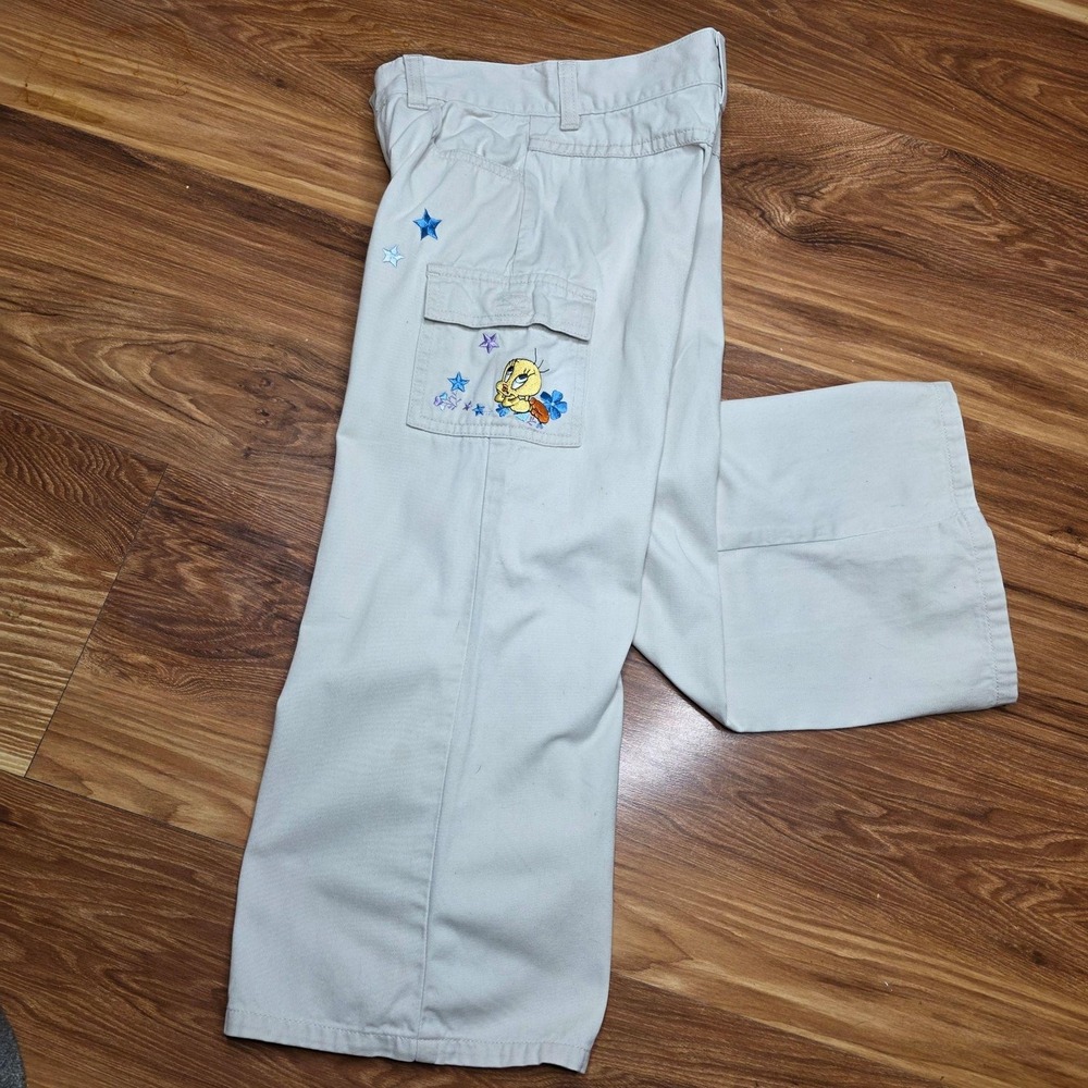 Y2k Vintage Warner Bros Studio Store Pants Kids 5 =Khaki Tweety Cargo Wide Leg